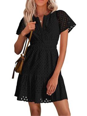 Black Lace Eyelet Cotton Mini Dress V Neck Short Sleeve A Line Beach Summer